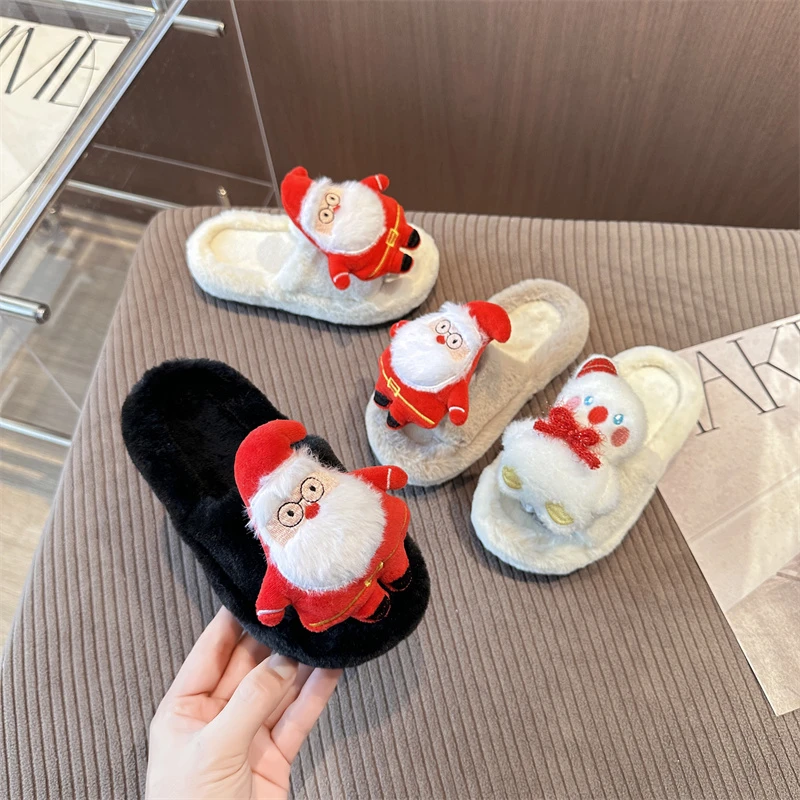 

Children's Winter Fur Slippers New Santa Claus Girls Causal Home Plush Slippers Warm Kids Fashion Slip-on Shoes Christmas Gift