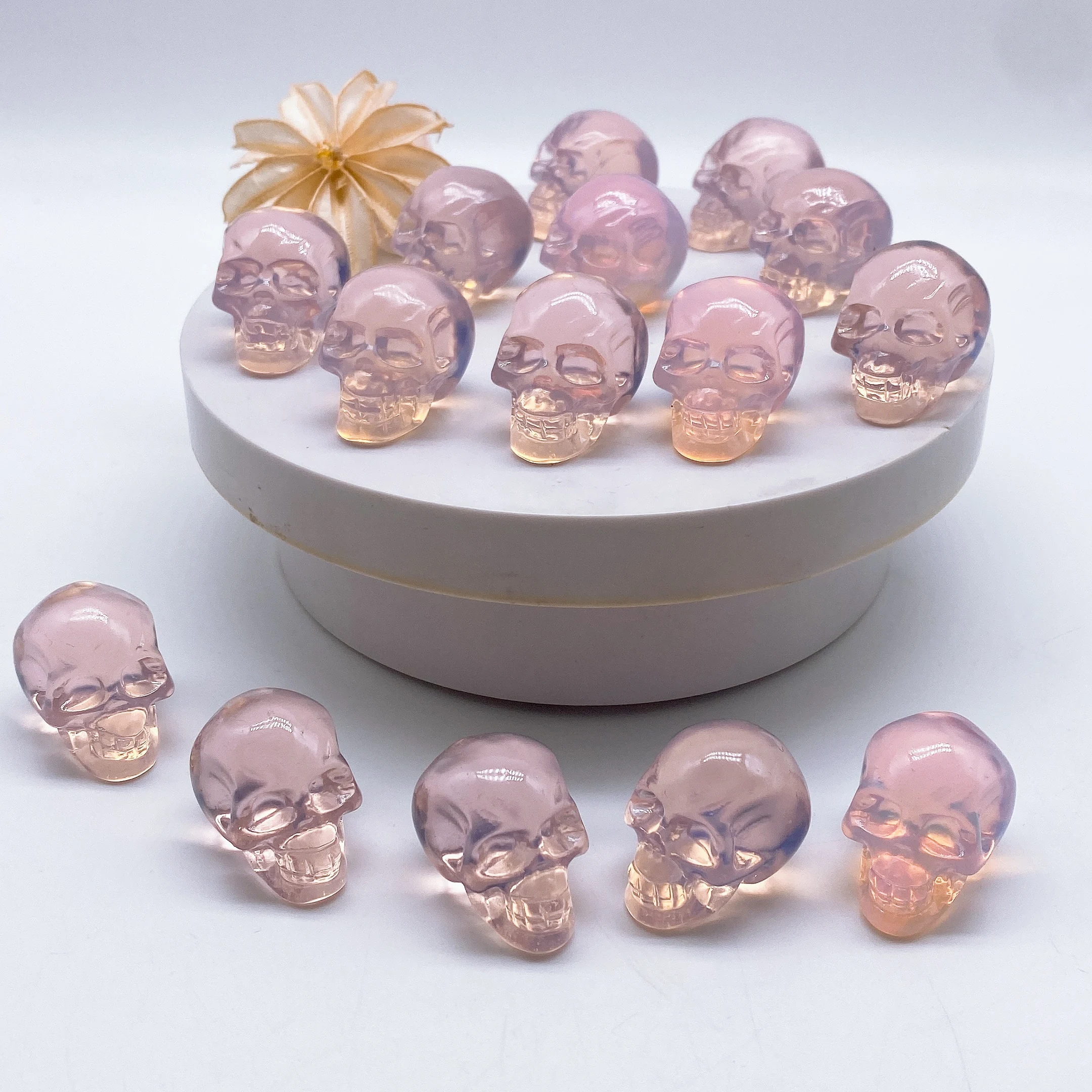 30MM Pink Opalite Mini Skull Head Statue Crystal Quartz Stone Cranium Witchcraft Figurine Hand Carved Home Decor Halloween Gift