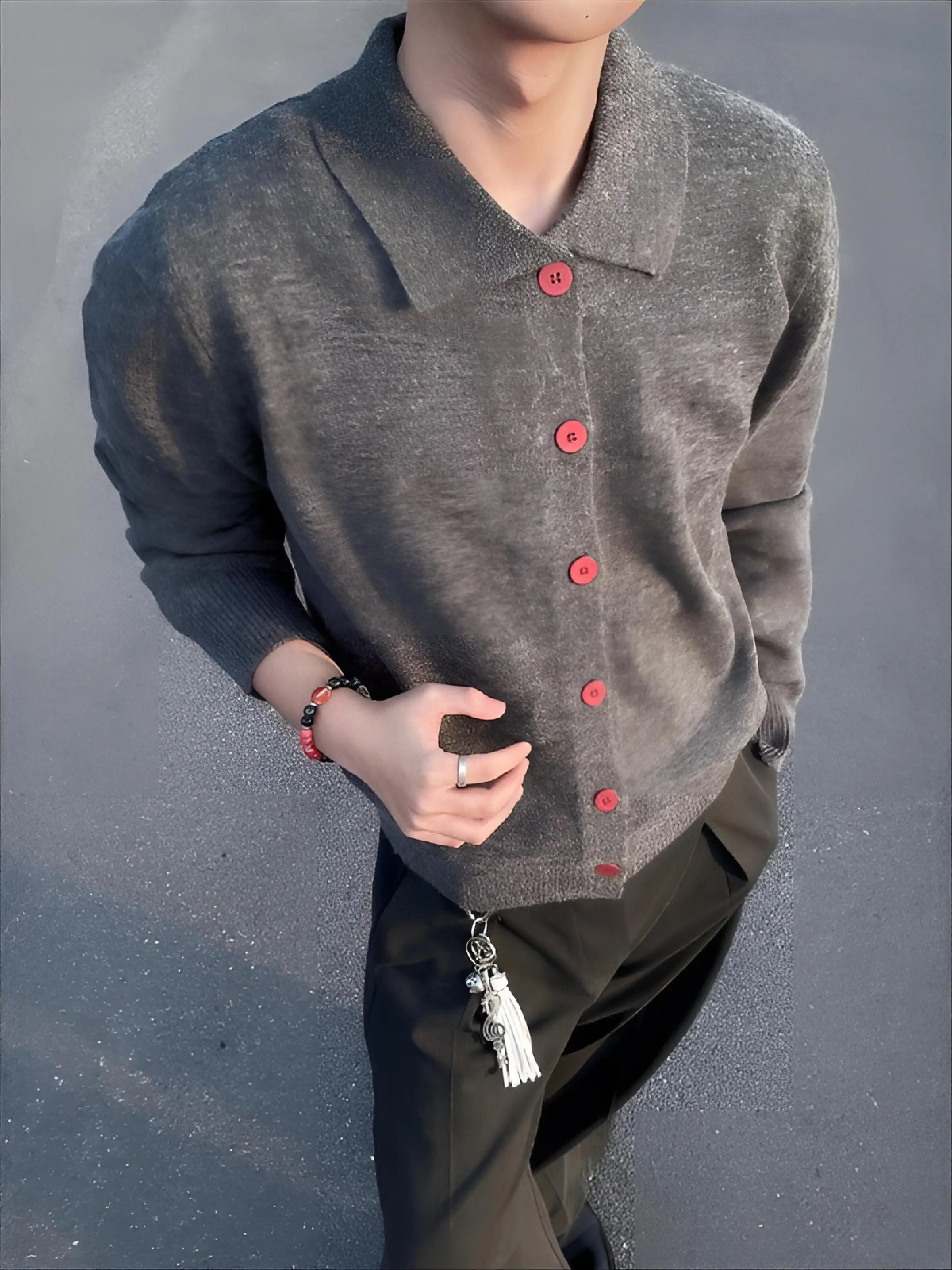 

Fur Collar Pullovers Gold Mens Cover Buttons Neutral Solid Style Simplicity Japanese Clean Aesthetic Gray Khaki Mature Fashion