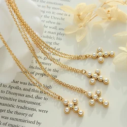 Classic Fashion Retro Cross Necklace for Women Stainless Steel Temperament Imitation Pearl Inlaid Necklace High Quality Jewelry