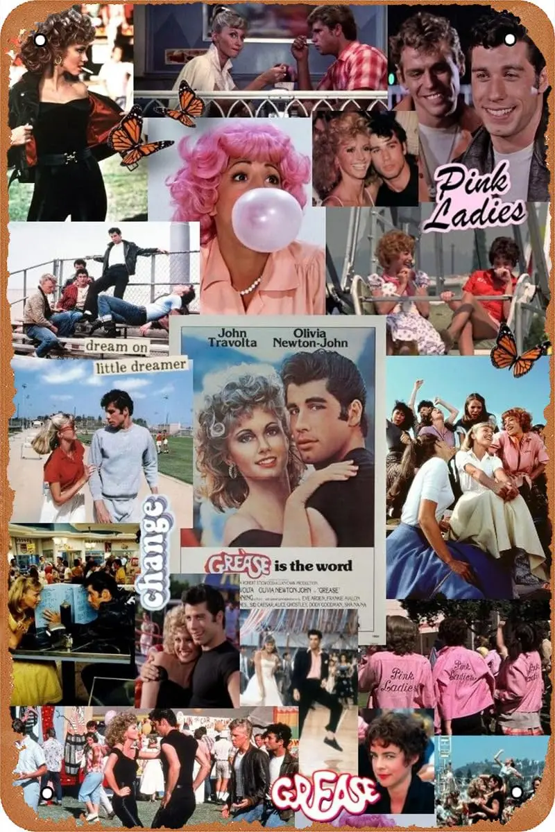 Grease Movie Poster Retro Metal Sign Vintage Tin Sign for Cafe Bar Office Garage Home Wall Art Decor Gift 12 X 8 inch