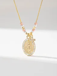 Virgin Mary Pendant Necklace, Catholic Medal Brass Zircon Our Lady of Guadalupe Chain, Miraculous Religious Gift for Women