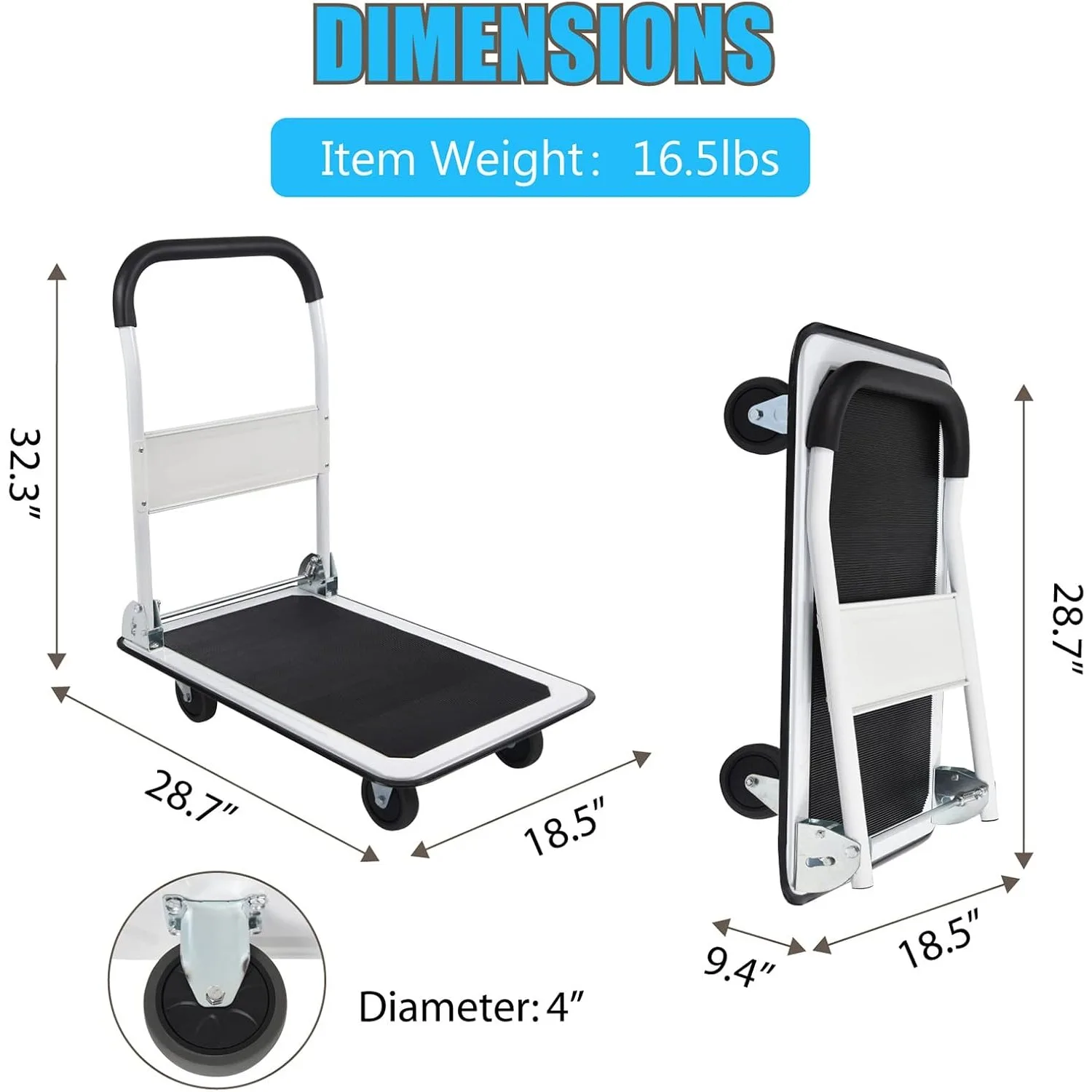 Carrello pieghevole con piattaforma Carrello con piattaforma Capacità 330 libbre 4 ruote 28,7x18,5x32,3 pollici Carrello piatto piccolo bianco