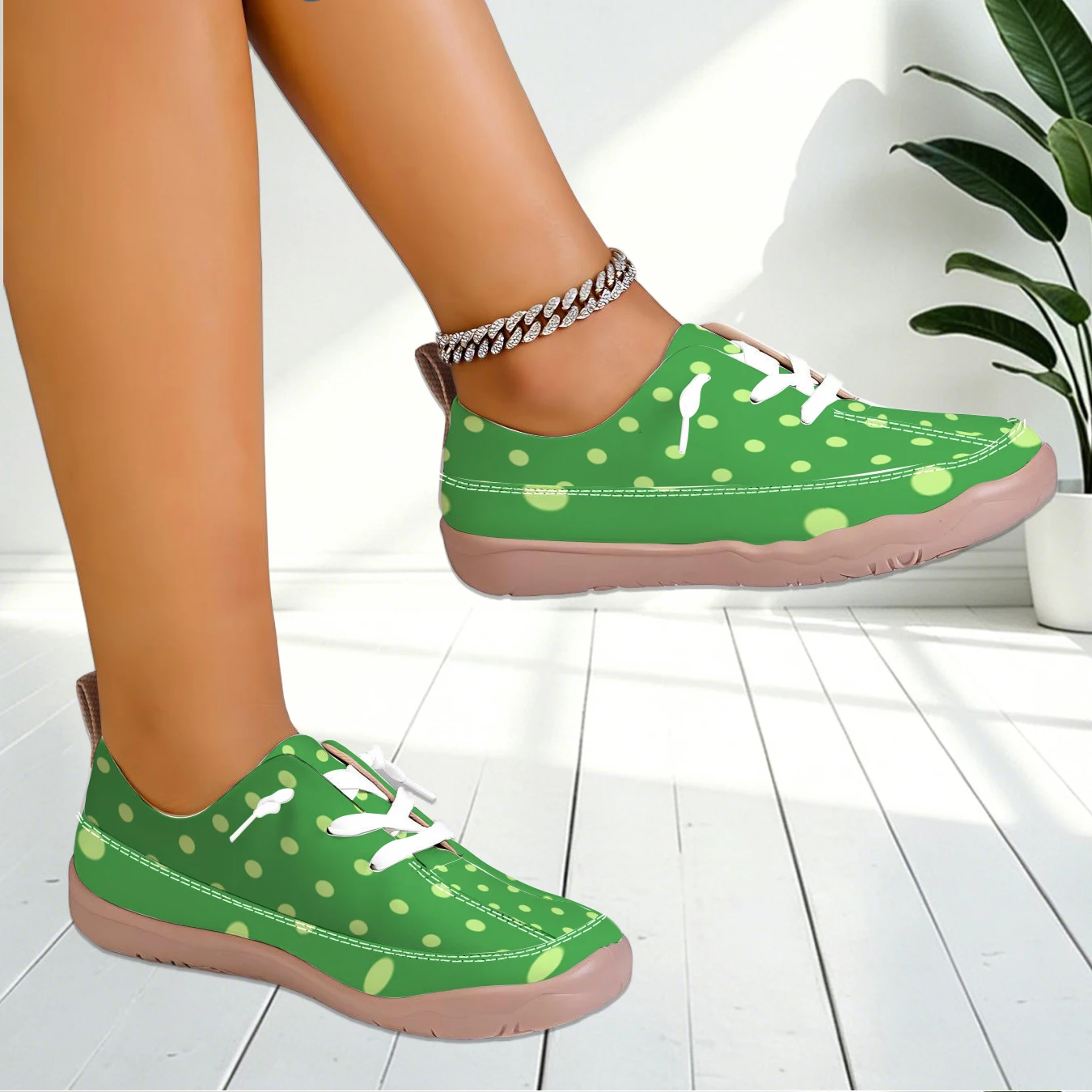 Women Polka Dot Print Lace Up Sneakers Wide Toe Light Breathable Shoes For Travel Commute Walking view 2
