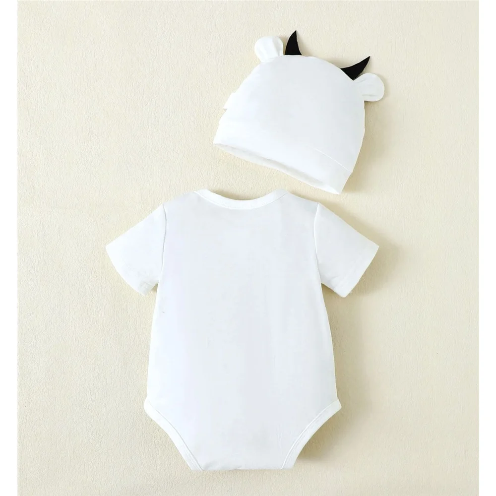 0-9 Months Newborn Baby Boy and Girl Romper Cute Cow Pattern Short Sleeve Bodysuit with Hat Summer Playsuit Clothing