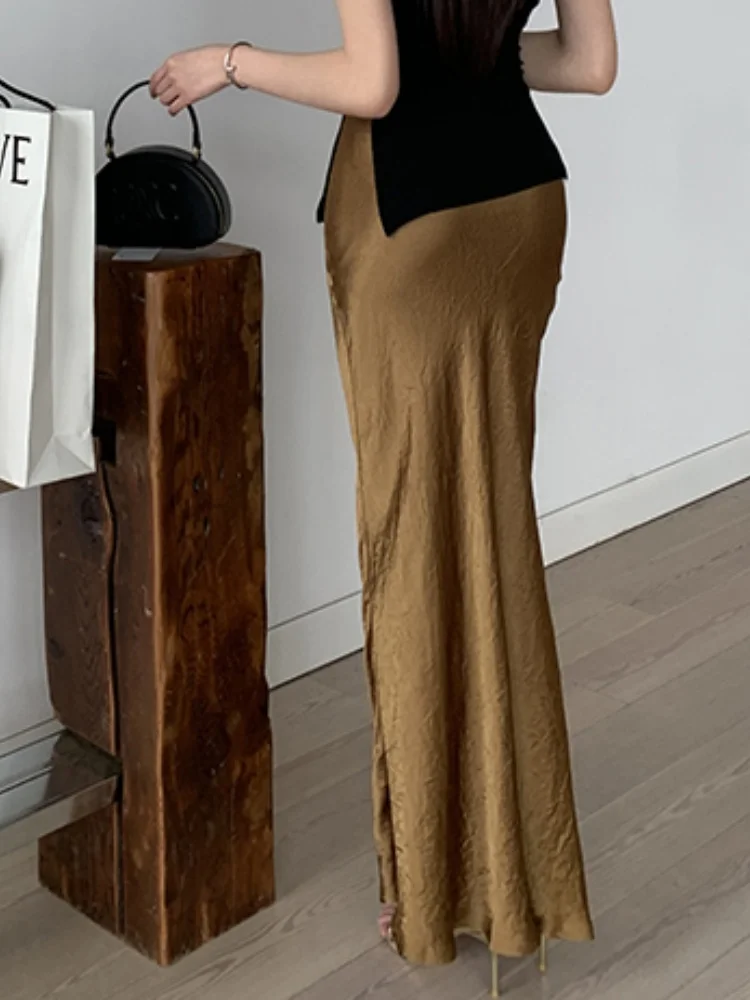 SMTHMA 용수철 여성 하이웨이스트 슬리밍 스플릿 롱 스커트, 식초 새틴 솔리드 스커트, 캐주얼, 여름 신상