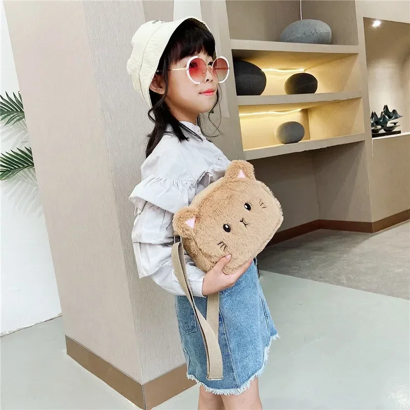 Cartoon Cat Baby Girls Crossbody Bags Cute Soft Plush Children's Shoulder Bag Winter Fashion Boys Kids Furry Handbags Coin Purse