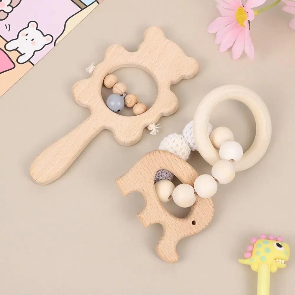 Einfache Cartoon Bär Holz Baby Rassel Spielzeug Anti-verloren Einstellbare Handbell Rassel Spielzeug Handgemachte Kaninchen Holz Ringe Spielzeug Kinder