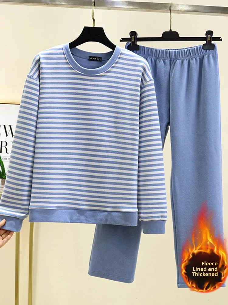 Women's Loose plus Size Sleepwear Set Double Sided Fleece Home Clothes T-Shirt Pants Outwear Comfortable Autumn Winter Home