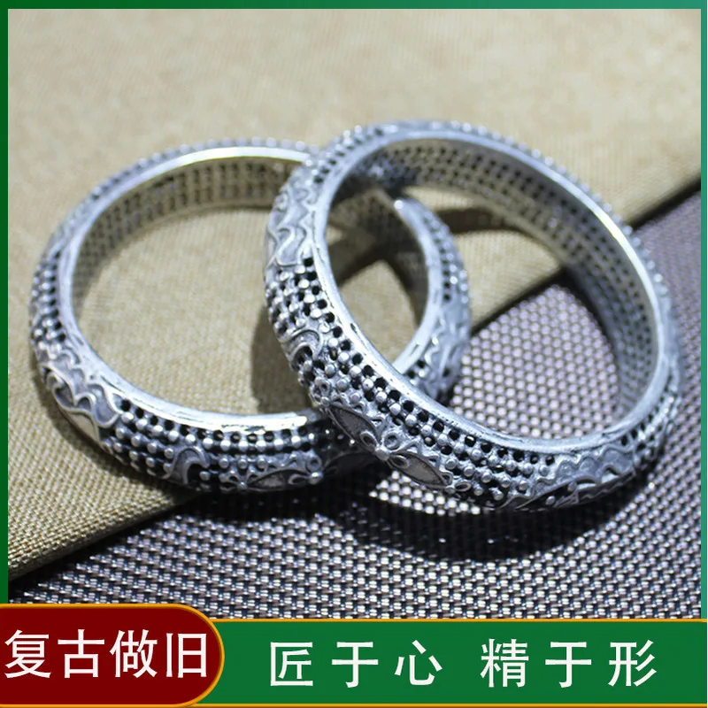Miao Handmade Silver , Ethnic Antique-Style Bangle, Cloisonné Hollow Thick Bracelet