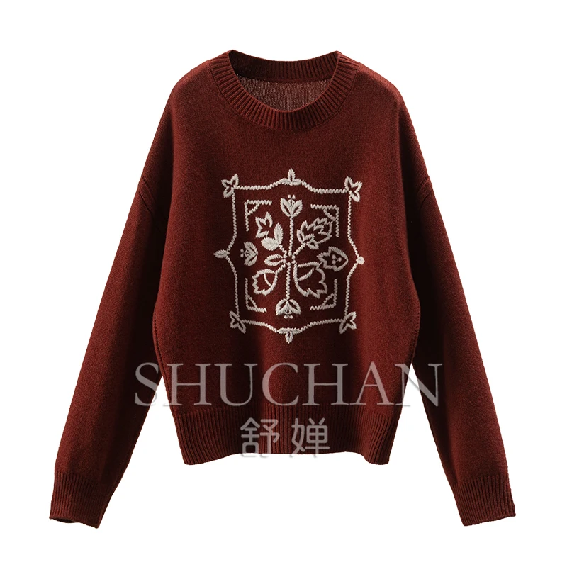 Jacquard 100 Wool Crew Neck Long Sleeve Sweater Women Sueter Mujer Invierno 2024 Casacos De Inverno Feminino