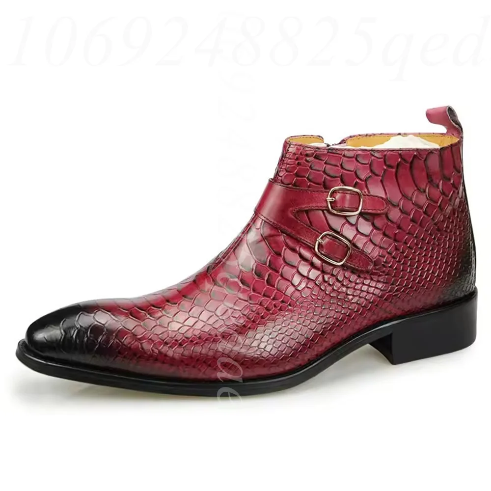 

Men's British Style Snake-Embossed Leather Monk Strap Boots, Dual Buckle Side Zipper Ankle Dress Boots for Gentlemen's Occasions