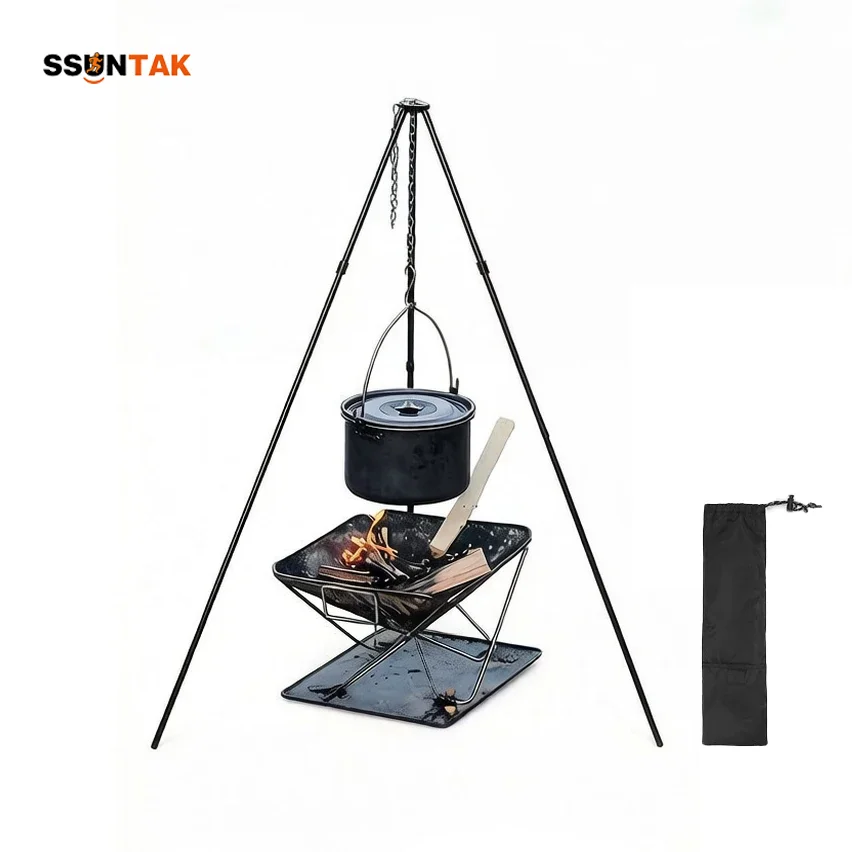 SSUNTAK Portable Detachable Camping BBQ Tripod Hanging Pot Rack Adjustable Aluminum Alloy Triangle Stand for Outdoor Camp Cook