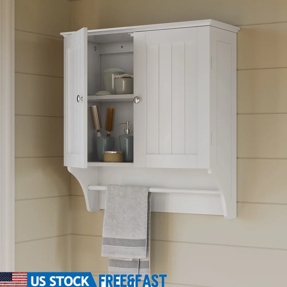 

Two-Door Bathroom Medicine Cabinet Wall Mount Storage with Towel Bar Mirrored Knobs Beadboard Design Over Toilet Organizer