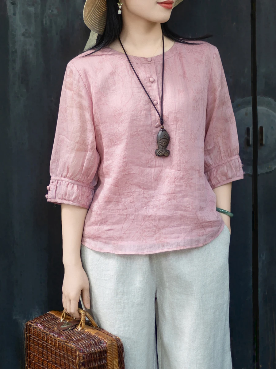 

Elegant round Neck Shirts Women's Lightweight Comfortable Cotton Linen Blend Printed Artistic Style Loose Fit Sun Protection