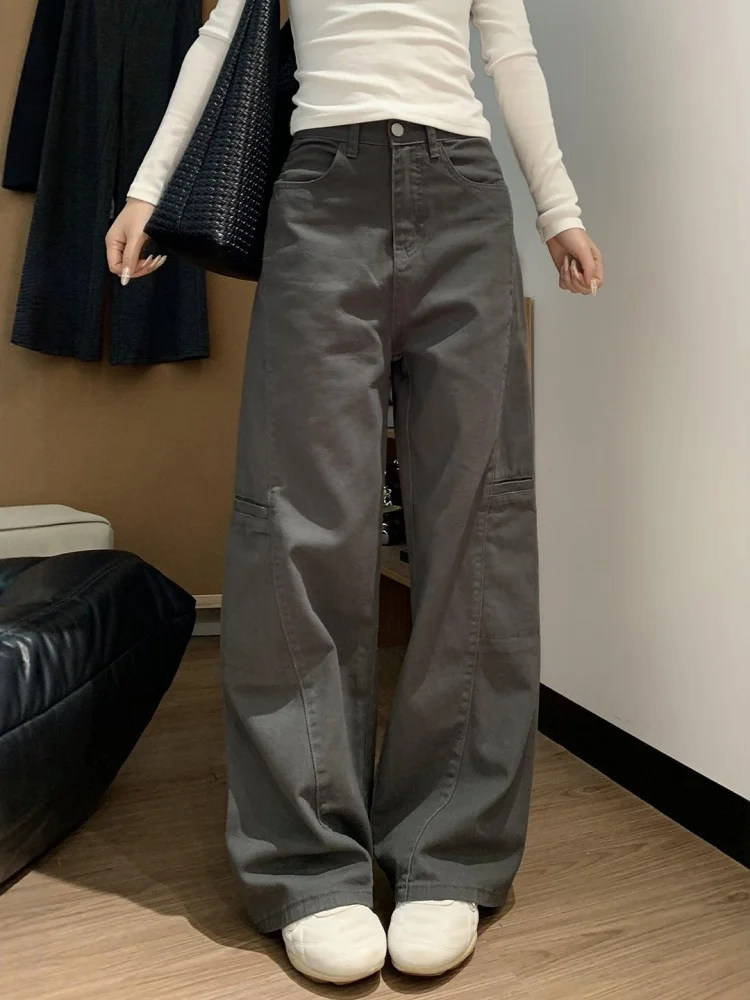 

Grey Lazy Style Retro Straight Leg Workwear Pants Women's High Waist Slimming Loose Drapey Wide Leg Jeans Casual Spring New
