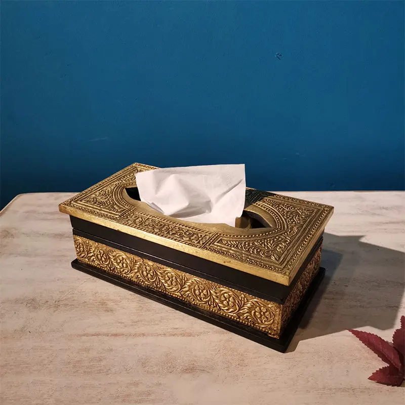 Indian Solid Wood Painted Bag Copper Handmade Tissue Box Decoration Drawer Box Vintage Art Creative Decoration Napkin Box