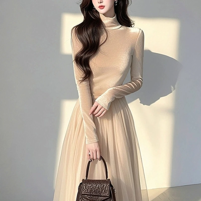 

Весенне-осеннее женское элегантное сетчатое лоскутное тонкое бежевое платье с воротником-стойкой, длинные платья с длинными рукавами для женщин