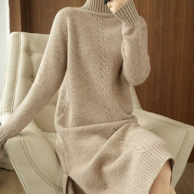 

2023Thick Dress Warm 100%Wool Long Sweater Women Autumn Winter High-Neck Over-The-Knee Cashmere Knit Dress Large Size Base Shirt