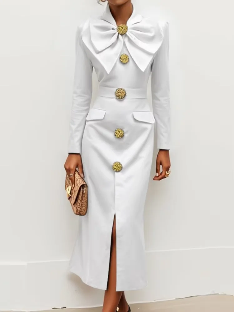 

Onecozyday Women's Bowknot Single Breasted Dress Solid Color Long Sleeves Bodycon Evening Dresses 2025 Fashion Wedding Dress
