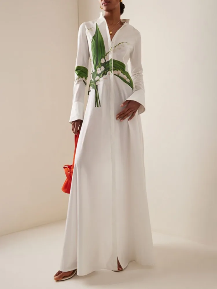 Yeezzi 2026 Neues Elegantes Damen-Hemdblusenkleid mit Blumenmuster, Langen Ärmeln, Stehkragen und Hoher Taille für Partys und Abendveranstaltungen, A-Linien-Schnitt