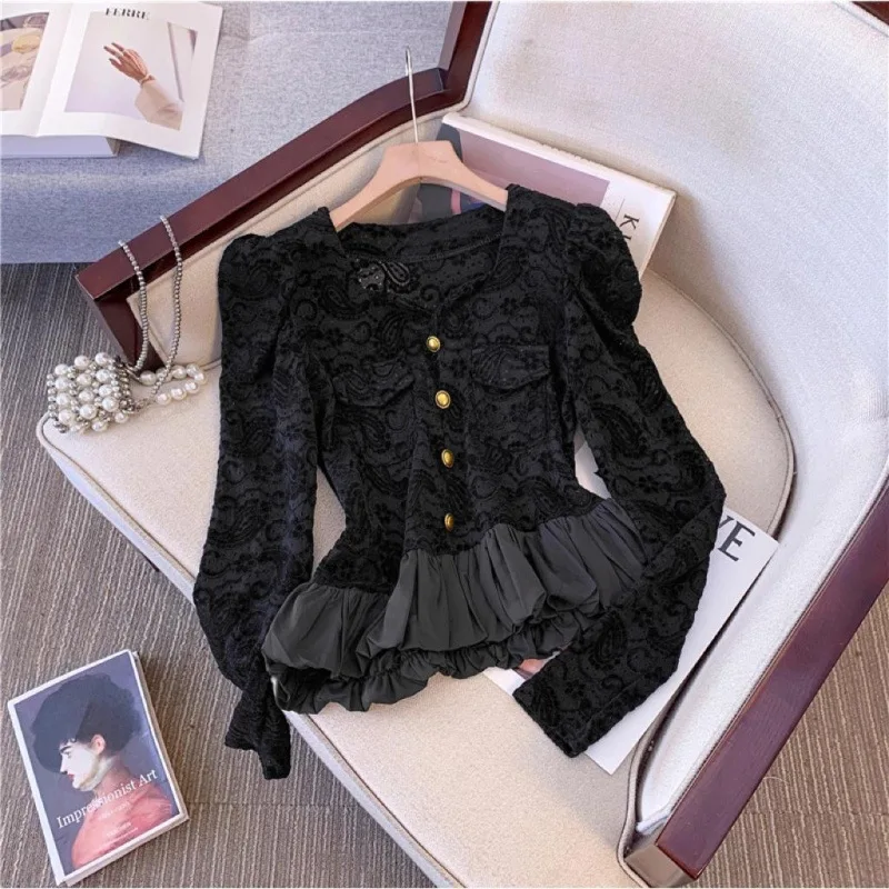 French openwork lace shirt women's spring and autumn new fashion temperament lotus leaf stitching design sense craft coat