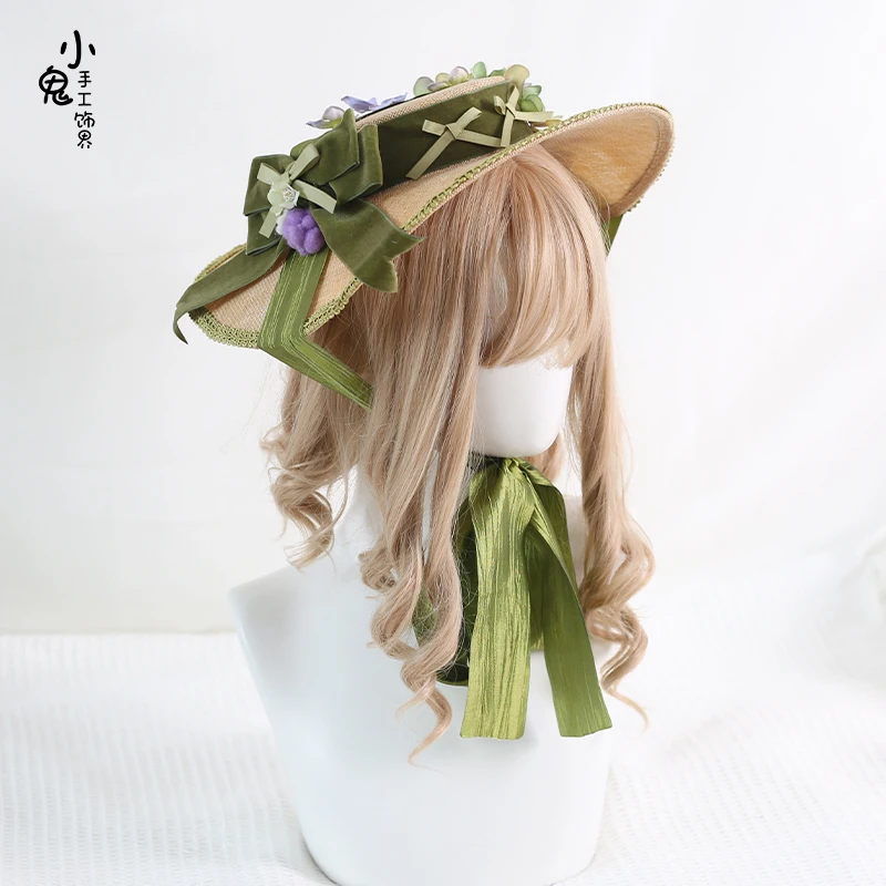 Lolita Original Oil Painting Style Luval Vineyard Pastoral Wide Brim Hat Lolita French Retro Linen Gauze Hat