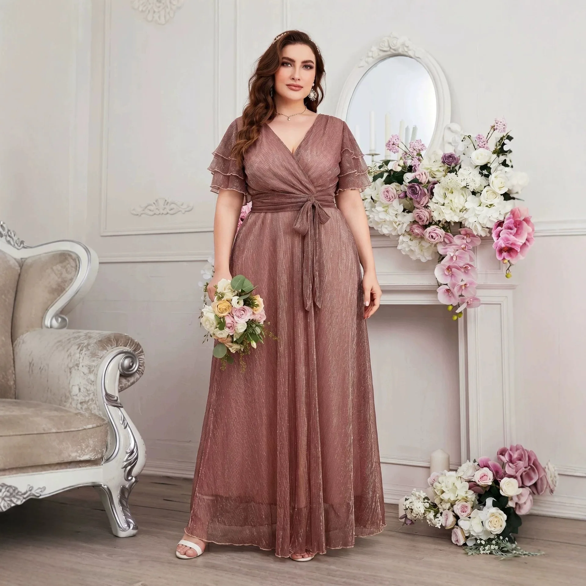 Luxury Curvy Blush Gold Glitter Mesh Long Gown V Neck Layer Flutter Sleeve Self Tie Waist Formal Evening Wedding Dress - view 5
