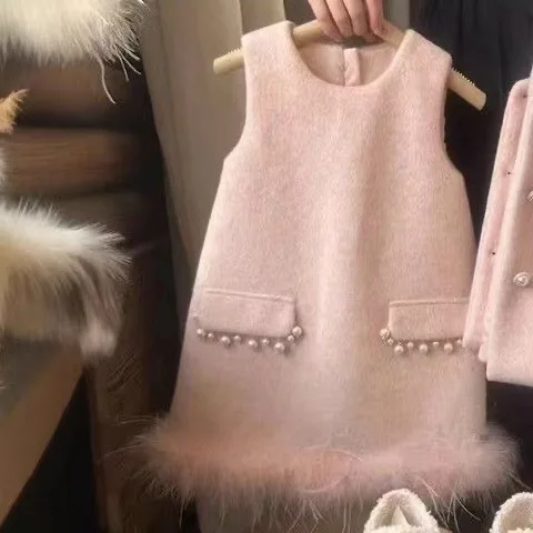 2025 autumn and winter new children's Christmas and New Year with a small coat vest skirtGirls' small fragrant dress set