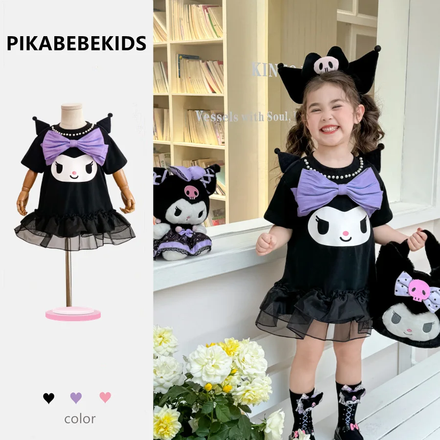 

Kawaii Kuromi Hello Kitty, летняя сетчатая пышная юбка с героями мультфильмов для девочек, милое платье принцессы с короткими рукавами и бантом в стиле аниме Sanrio Girly Heart
