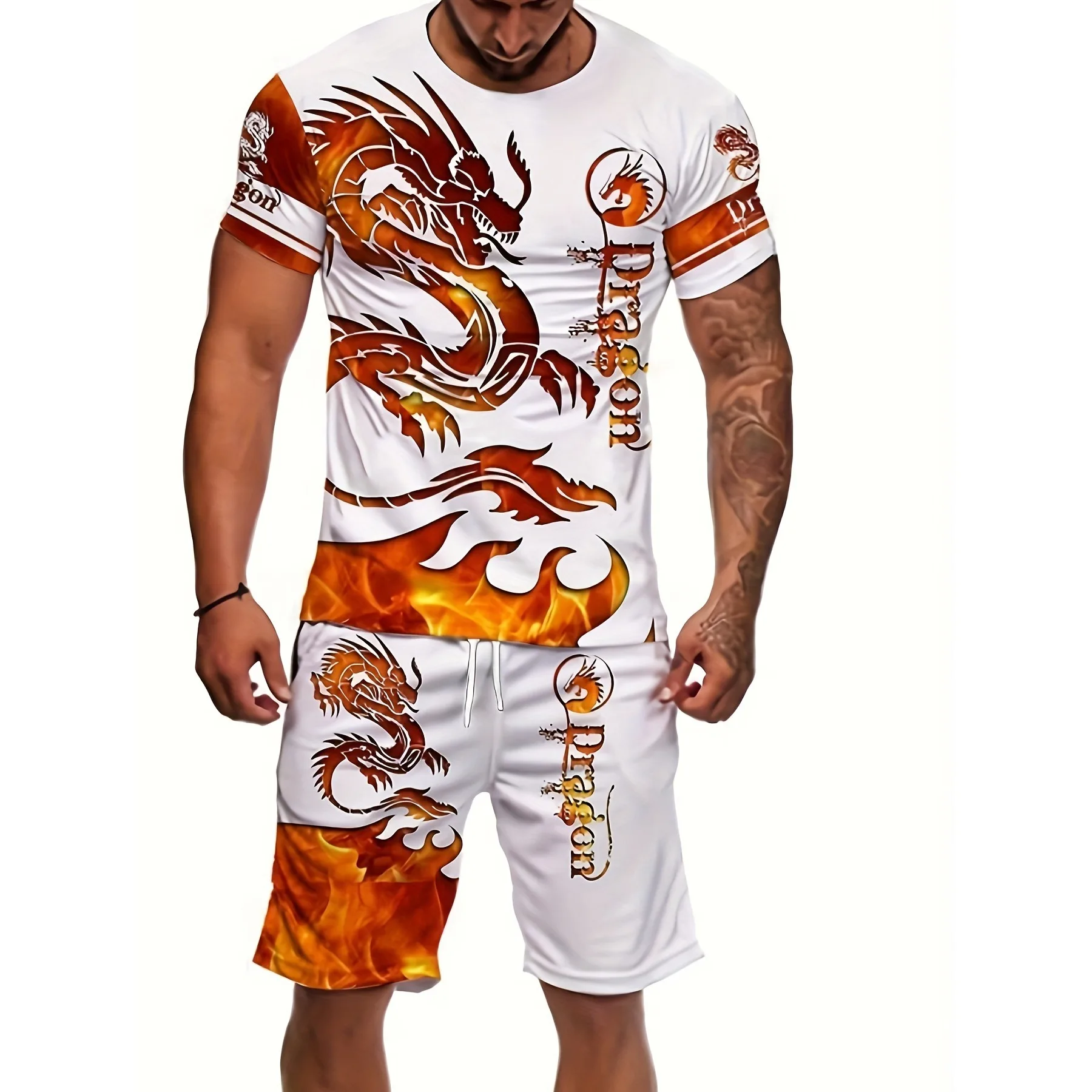 Men\'s 2-Piece Set, Dragon Print Short Sleeve T-Shirt And Shorts, Casual Street Style For Summer Wear, Athletic Sportswear