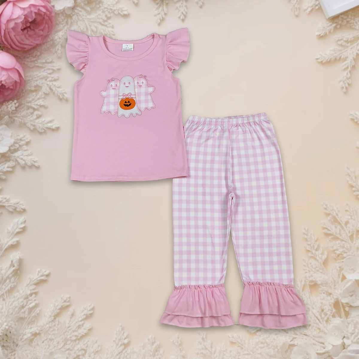 

Baby Girl Halloween Clothes Set Toddler Ghost Pumpkin Embroidery Short Sleeve Top Plaid Pants Cute Kids Children Clothing Outfit