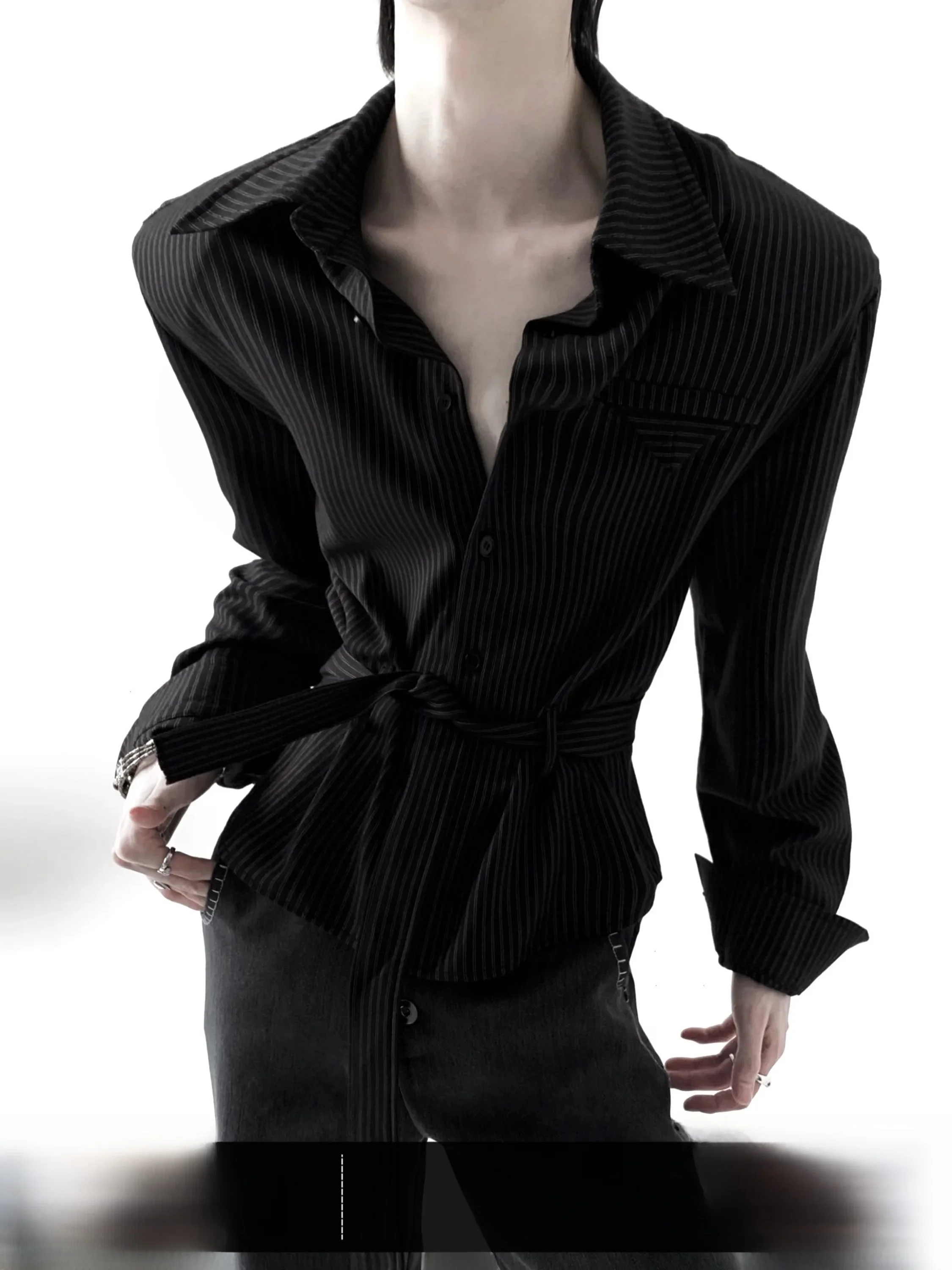 Anti-Wrinkle Luxury Striped Shirt Men's High-End Feelings Belted Trousers Lightweight Autumn Mountain Wind Intelligent Husban...
