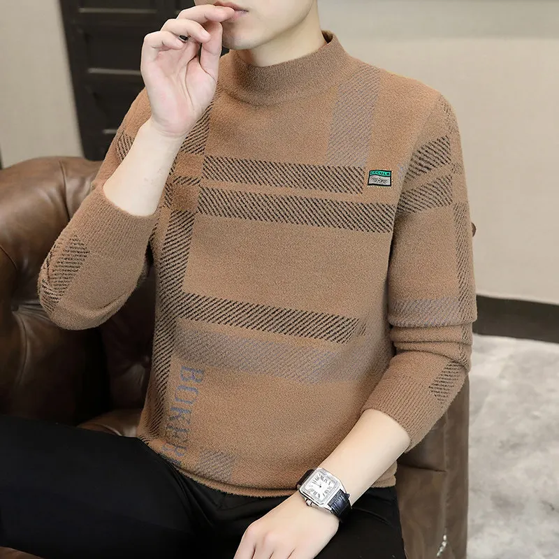 

Thiened Fce f-High Collar Knitted Sweater Casual Men's Outerwear Long Sve Basic Sle Warm Color Autumn Wear