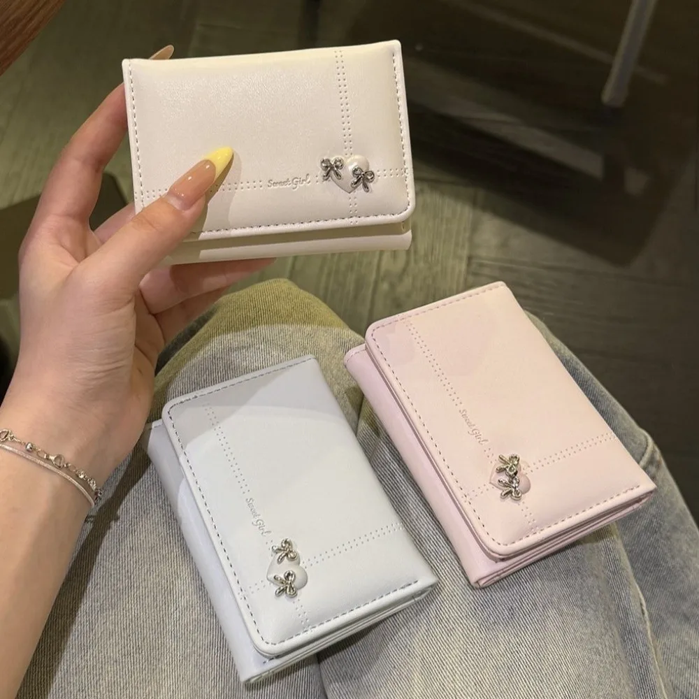 Cute Large Capacity Love Bow Wallet Multi-card Slot PU Leather Tri-fold Short Wallet Compact Foldable Card Holder Female