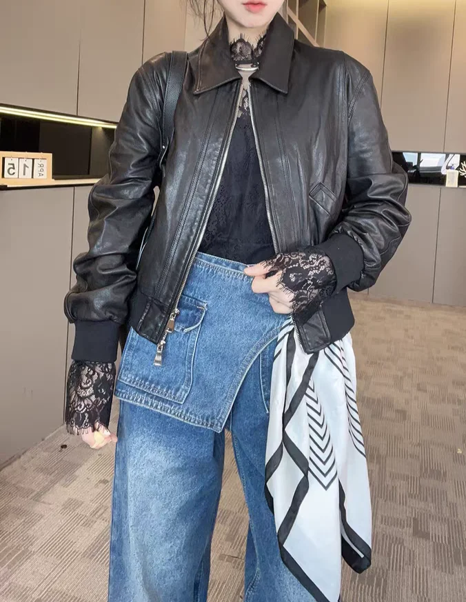 エフィランド 2025 新作 レディース ファッション カジュアル シープスキンレザー ジャケット コート ジッパー ルーズフィット ロングスリーブ カラー アウターウェア