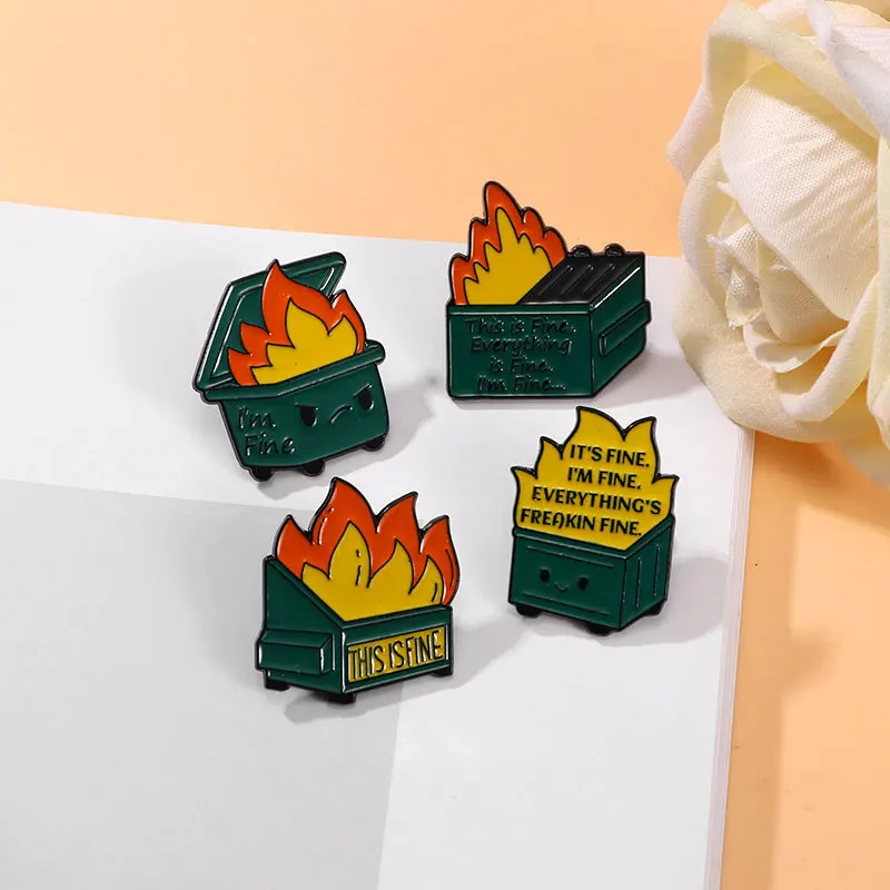 fire in trash can enamel Pins Brooches Decoration label jewelry Badges For bag Clothes Backpack accessories DIY gift