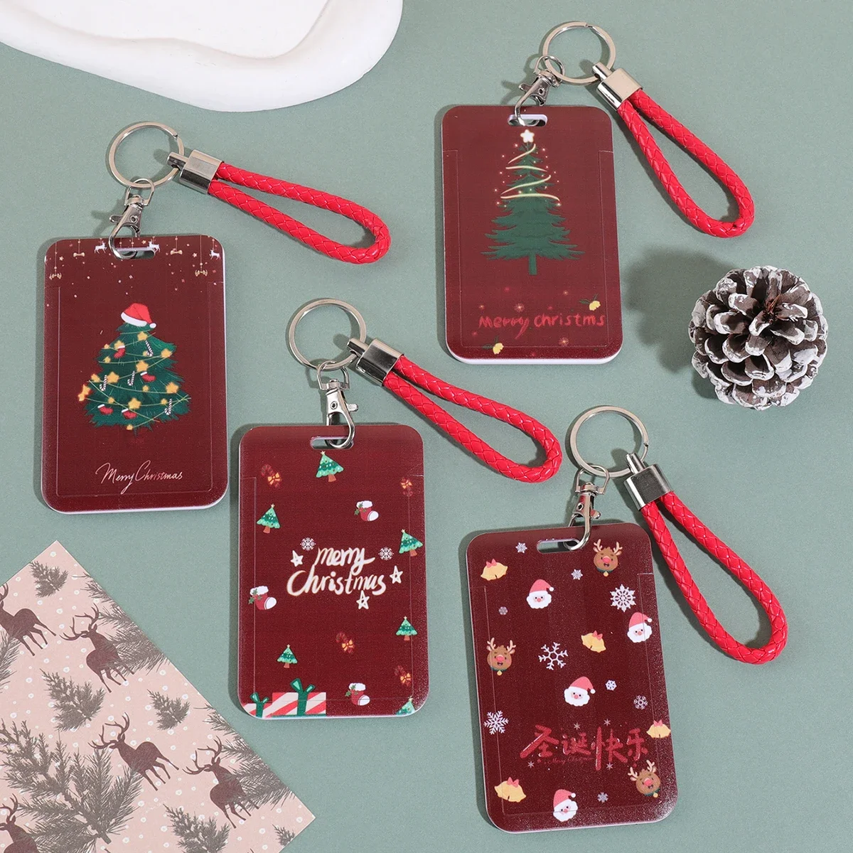 Tarjeteros navideños con diferentes estampados, cuerda de cuero portátil, tarjeta de identificación, nota de almacenamiento de tarjetas de visita, 1 ud.