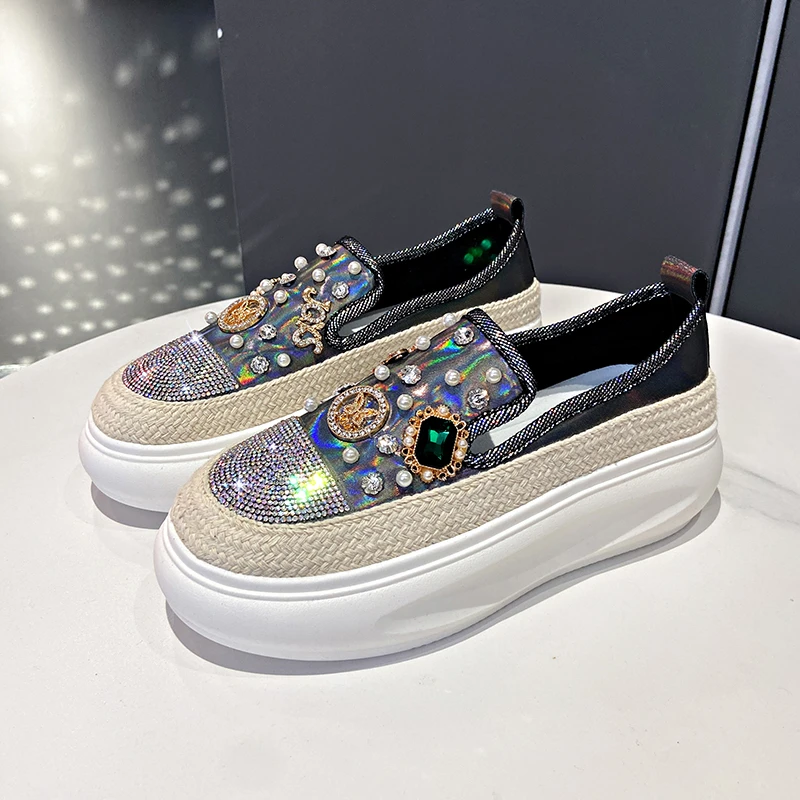 

Women's Beaded Sports Shoes Luxury Water Diamond Decoration Women Loafers Designer Platform Casual Shoes High Quality Flat Shoes