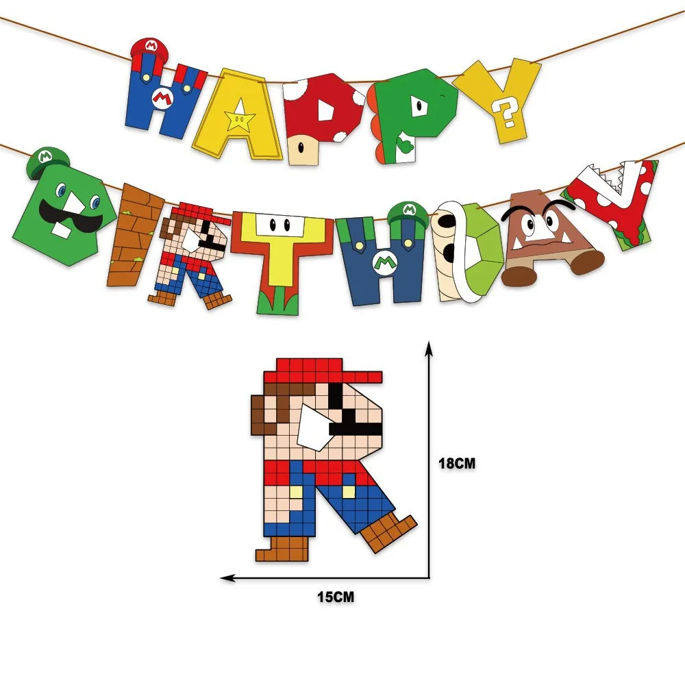 Fournitures de fête à thème dessin animé Super Mario Bros Out, bannières d'anniversaire pour enfants, décorations de gâteau, ballons, ensembles de décoration de fête