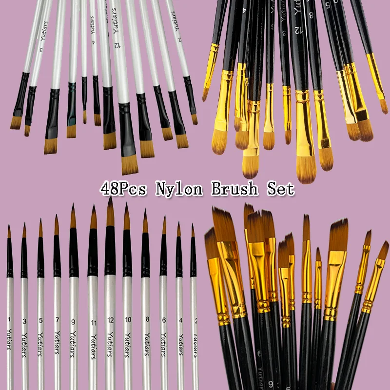 

48pcs Macaron Paint Brush Set, Professional Artist Quality, Nylon Bristles, Round & Flat Tips, Gourd Handle, for Acrylic, Oil
