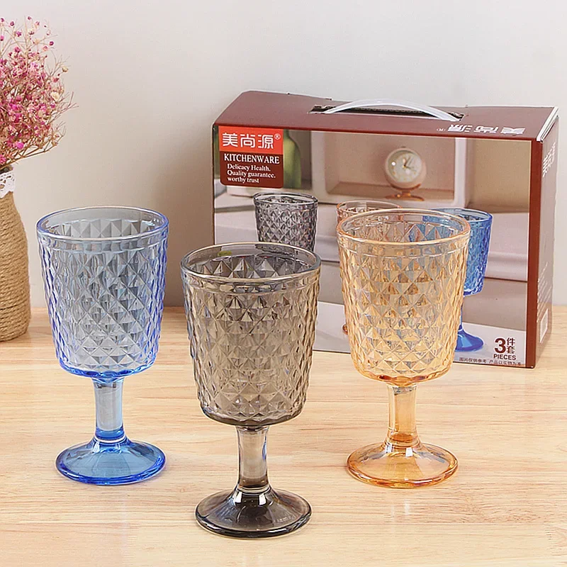 Retro Stained Glass Goblet 280ml Three-piece Bar Champagne Glass Household Juice Red Wine Glass Set Gift Box