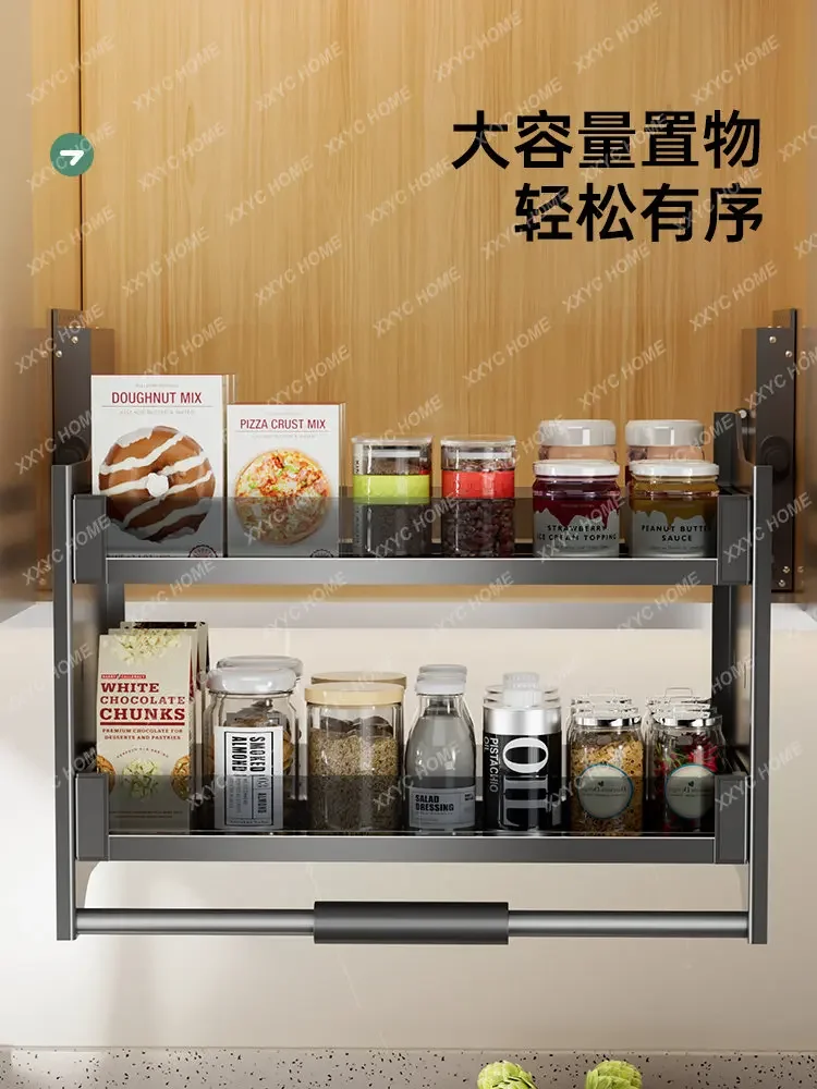 Kitchen Wall Cupboard Lifting Pull-out Basket Cabinet Drop-down Type up and down Buffer Open Door Telescopic Storage Rack