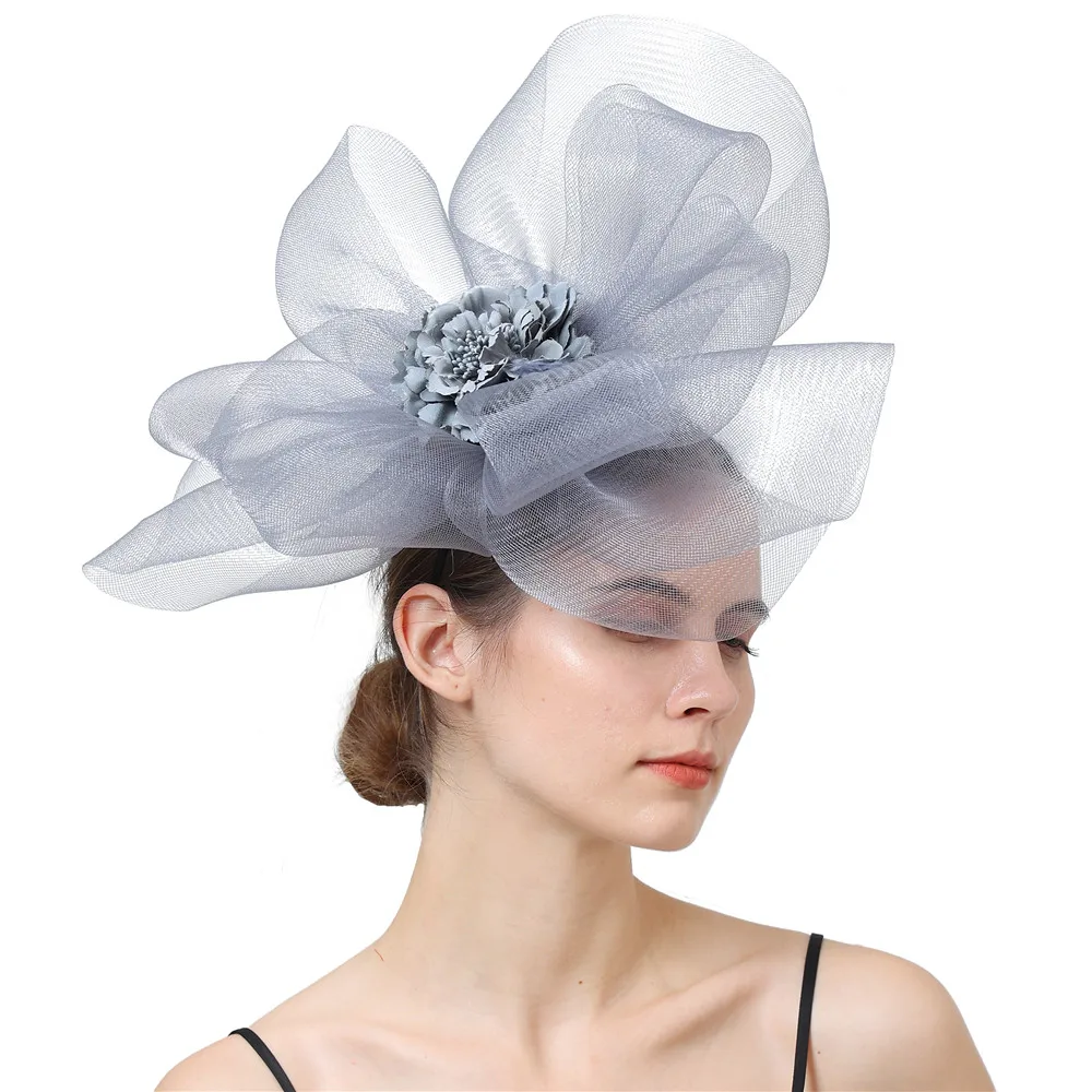 

Vintage Gray Ladies Mesh Flower Big Fascinator Hats Women Wedding Kenducky Party Ascot Chapeau Bridal Tulle Occasion Headpiece