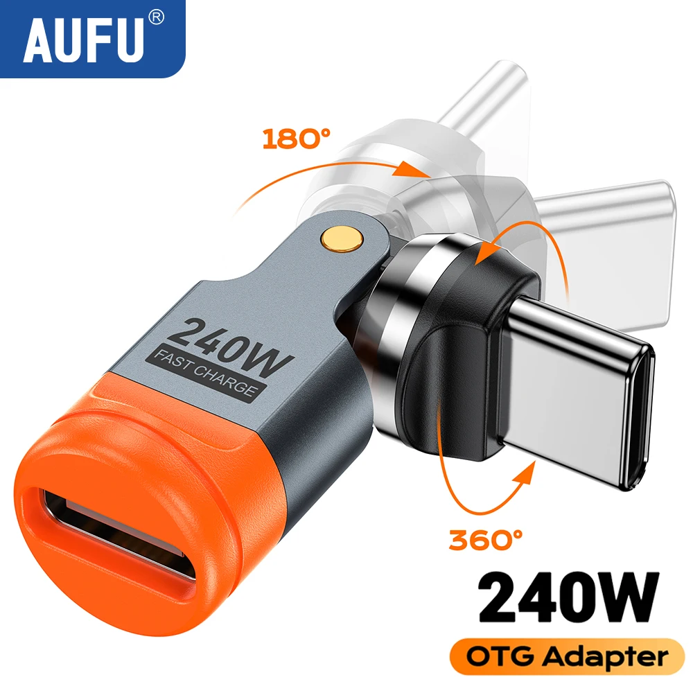 Adaptador AUFU USB C a Tipo C OTG de 240W, PD3.1, 5A, Carga Rápida, Convertidor de Cable para iPhone, MacBook, Laptop, Adaptador Tipo C con Rotación de 540°