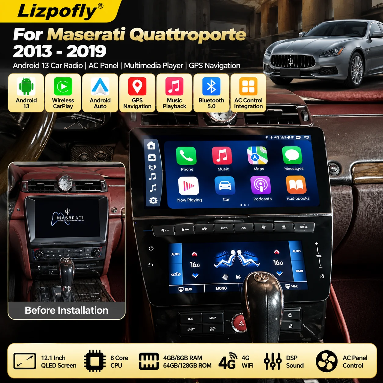 GPS Navigation Android 13 Car Radio For Maserati Quattroporte 2013-2019 Multimedia Player AC Climate Control Panel Stereo Head U