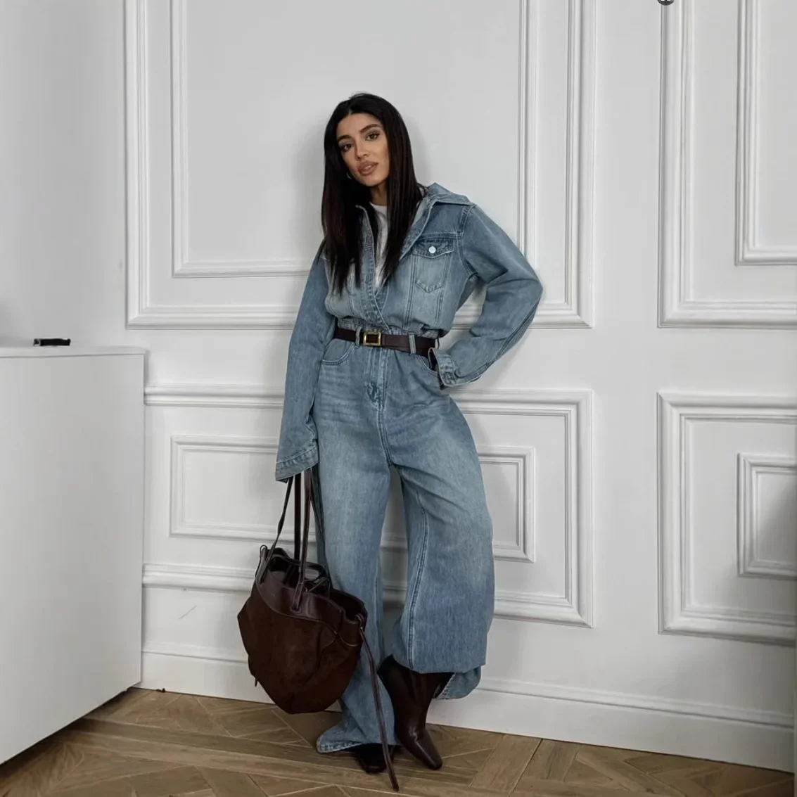 European and American early spring women's casual jumpsuit, niche high-end, retro denim style loose jumpsuit