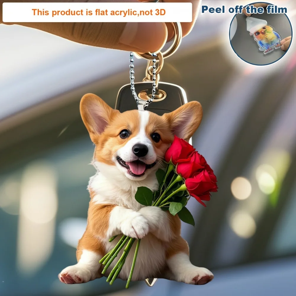 Niedlicher Corgi- und Rosen-Anhänger, 2D-Acryl-Schlüsselanhänger, schicker Welpe, hängende Ornamente für Autoschlüssel, Finess-Taschen, festliches Valentinstagsgeschenk