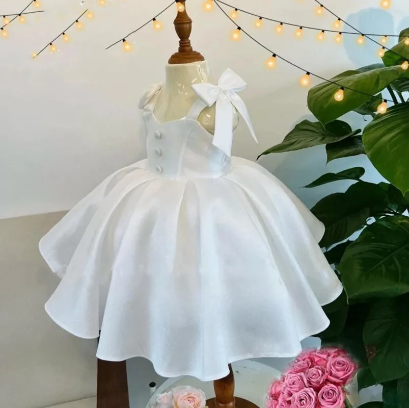 Handmade White Satin Baby Girl Dress 12M 18M 24M Toddler Tutu Infant Dress Birthday Party Gown First Communion Dress