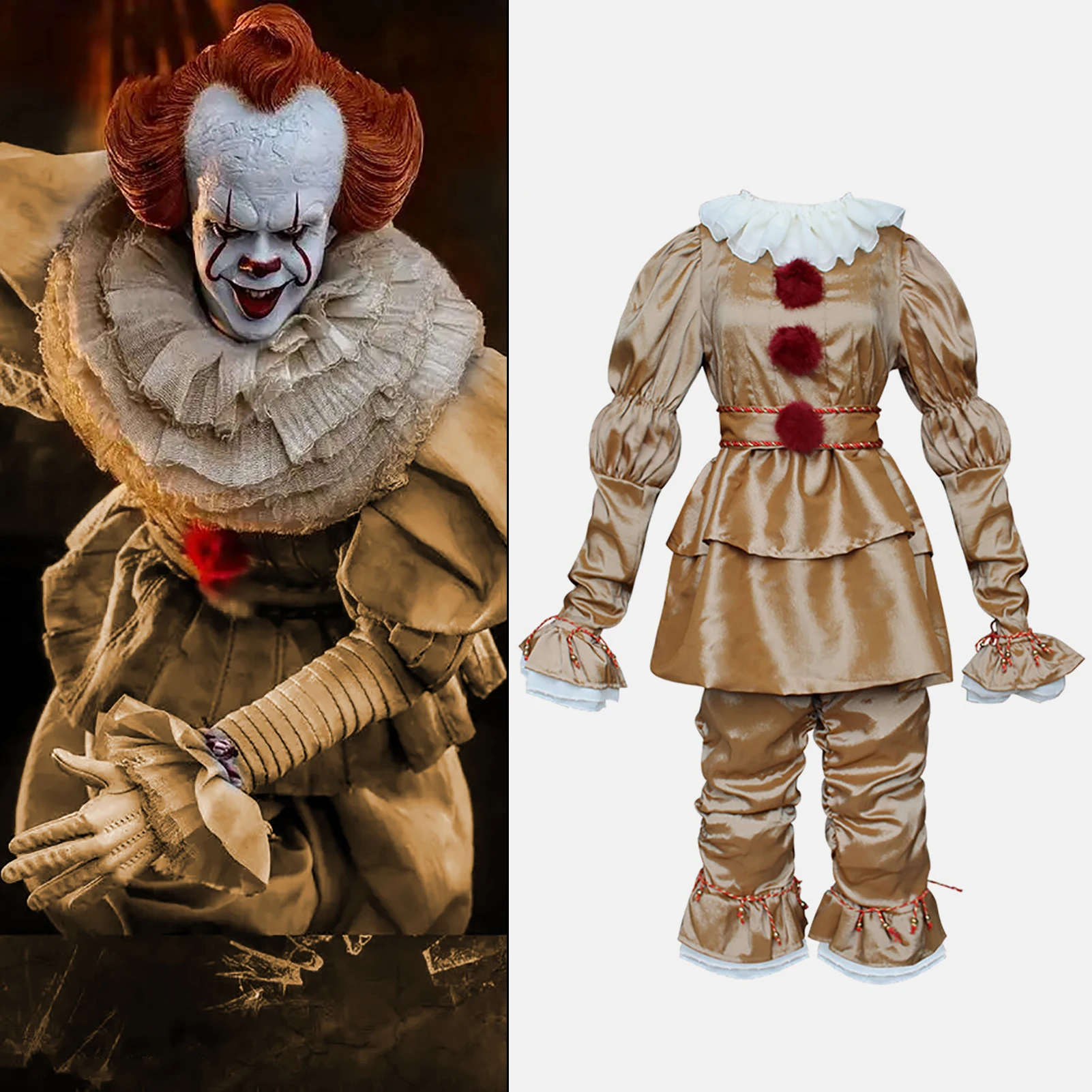 Disfraz de payaso de Halloween, disfraz de Cosplay de la película Pennywise Deluxe, disfraces de tamaño adulto, S-3XL (plata/gris claro)